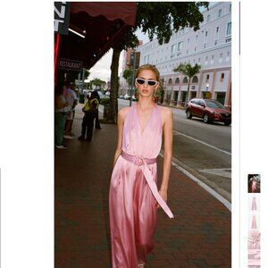 Zara light pink satin effect halter top V-neck wide leg pleated jumpsuit M NWT